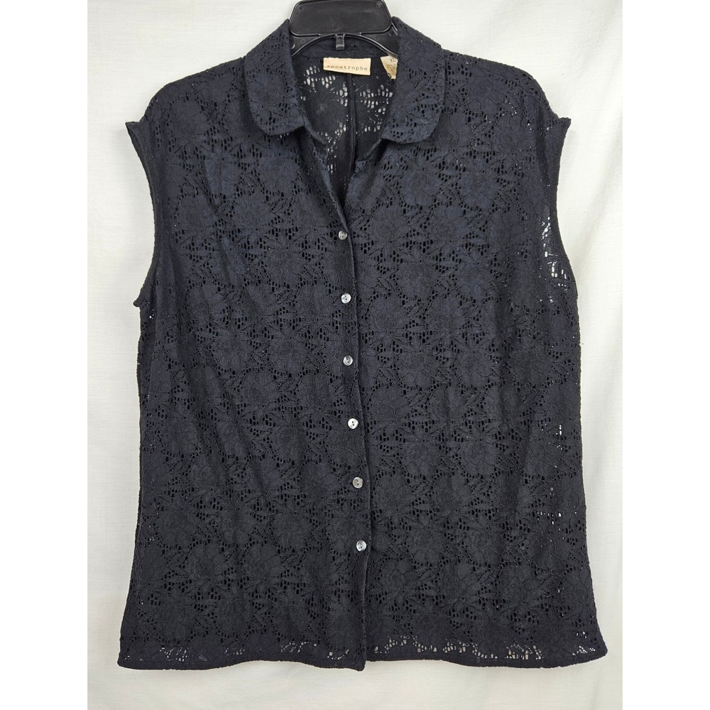 Apostrophe Black Floral Lace Sleeveless Button‎ Down Shirt Top XL Whimsigoth